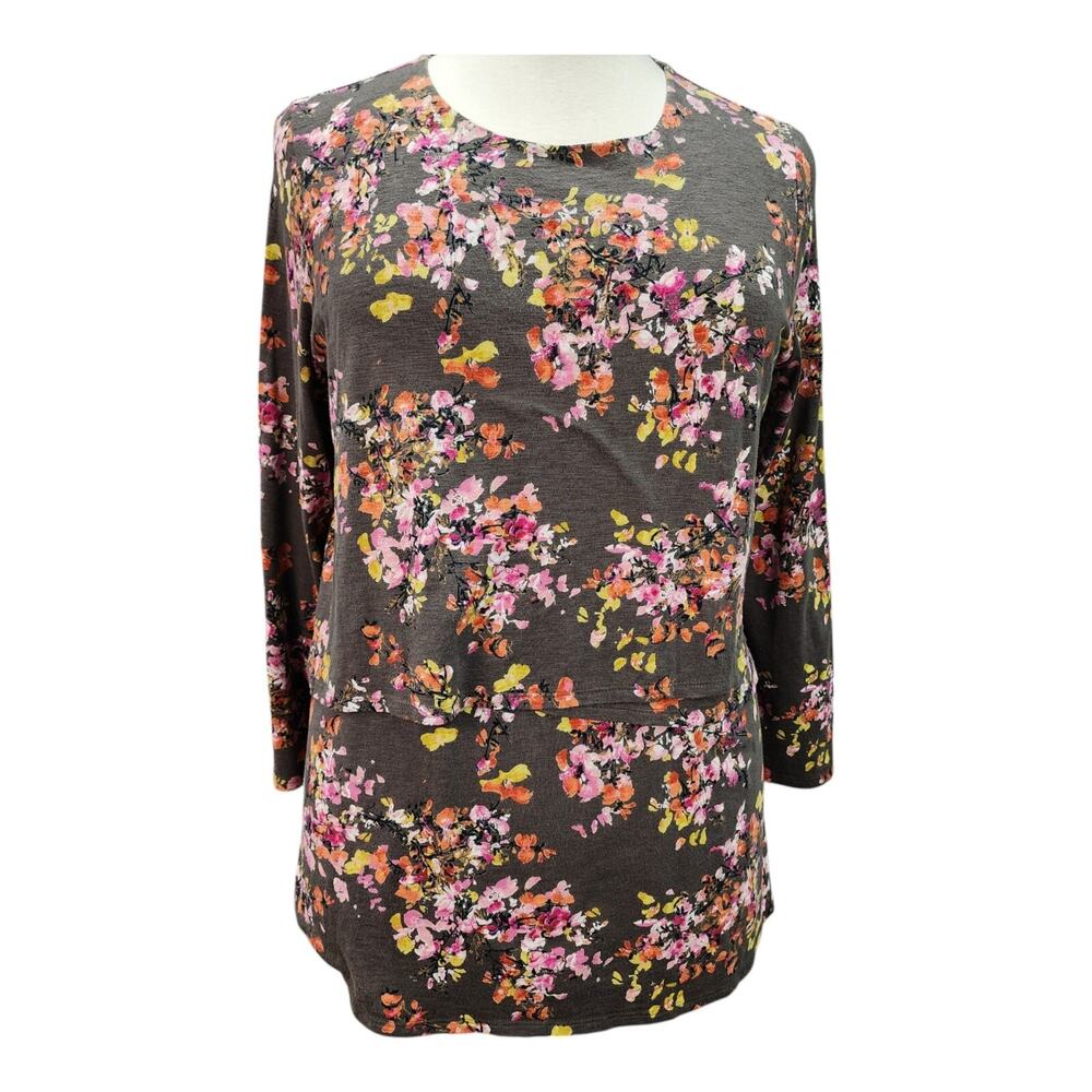 J. Jill Tunic Blouse Women's LARGE Petite Layered Brown Floral Top Career Casual - Picture 2 of 15
